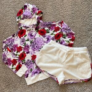 Floral Hoodie and White Fleece Shorts Set